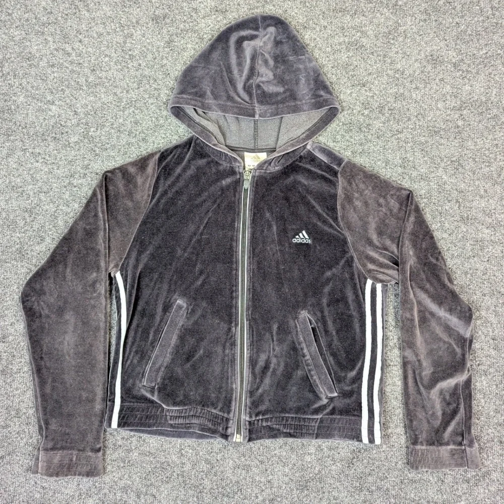 Adidas Vintage 2003 Velour Full Zip Up Hoodie Retro Charcoal Gray Mens Medium
